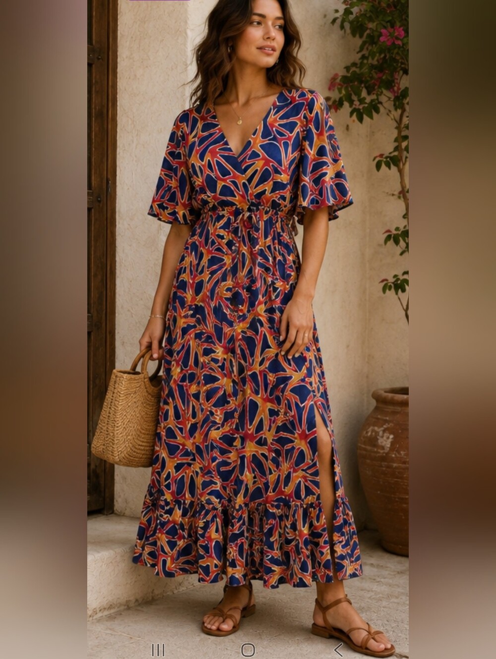Vintage Bazaar Abstract Mod Print Cotton Maxi Dress Blue Orange S/M NWOT